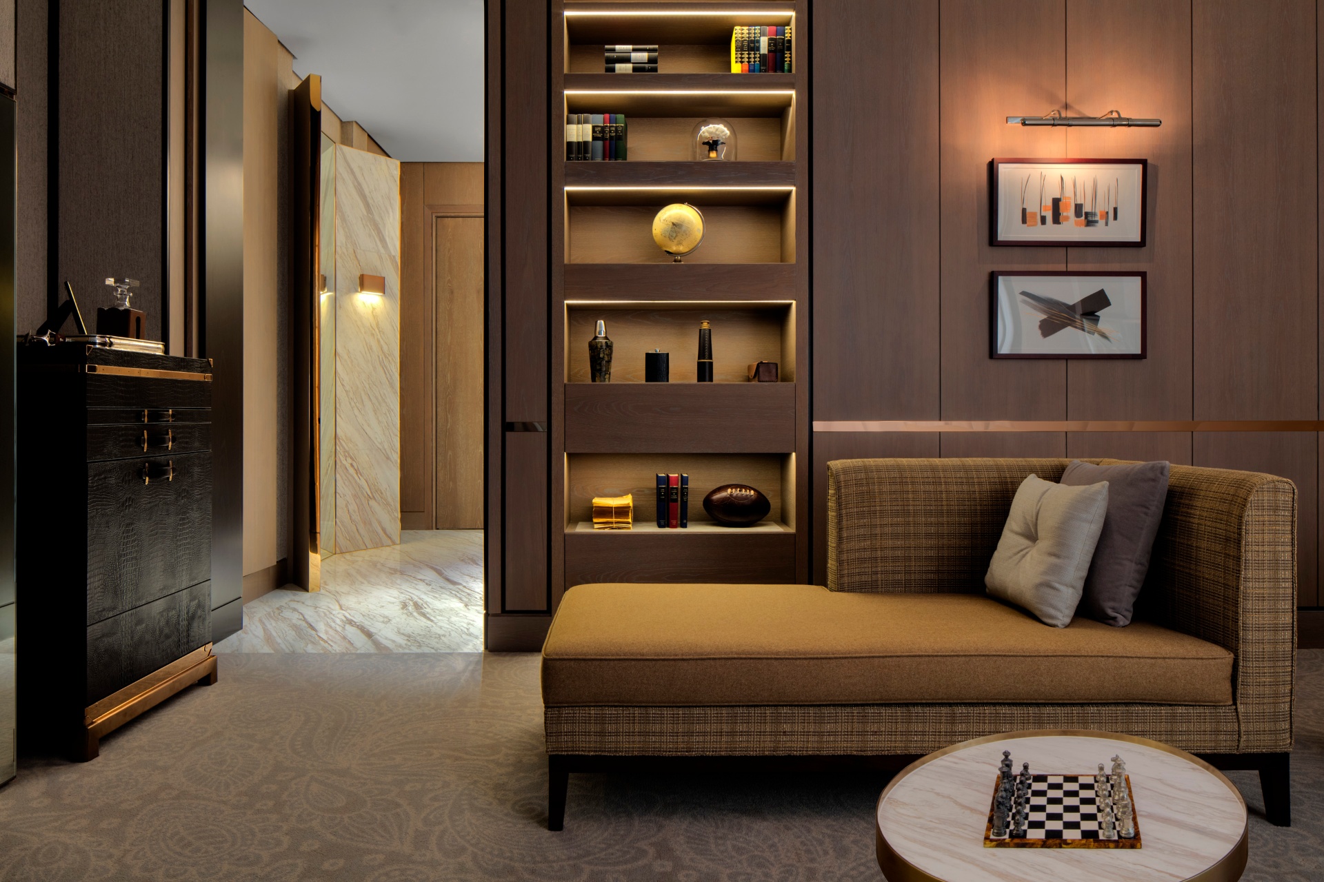 Beachfront resort villa interior opening onto the Gulf coastline in soft morning light