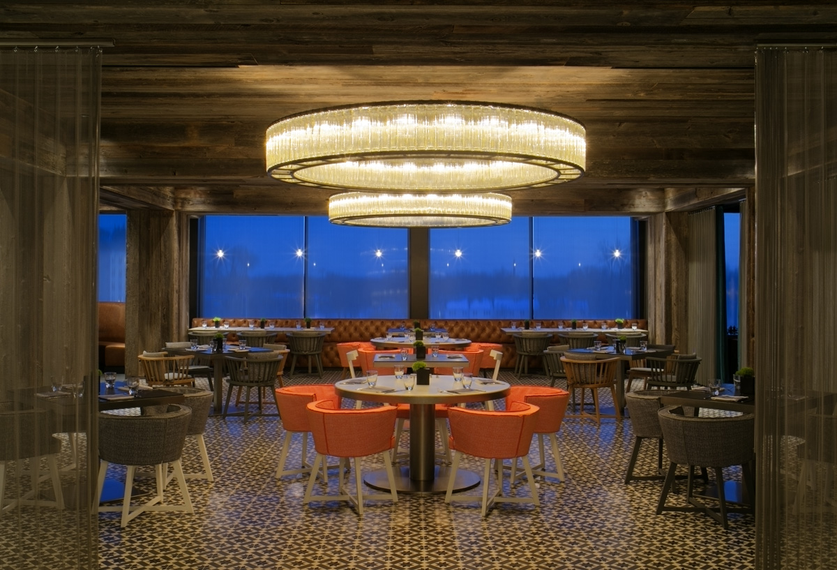 Hotel restaurant interior in the UAE set for evening service