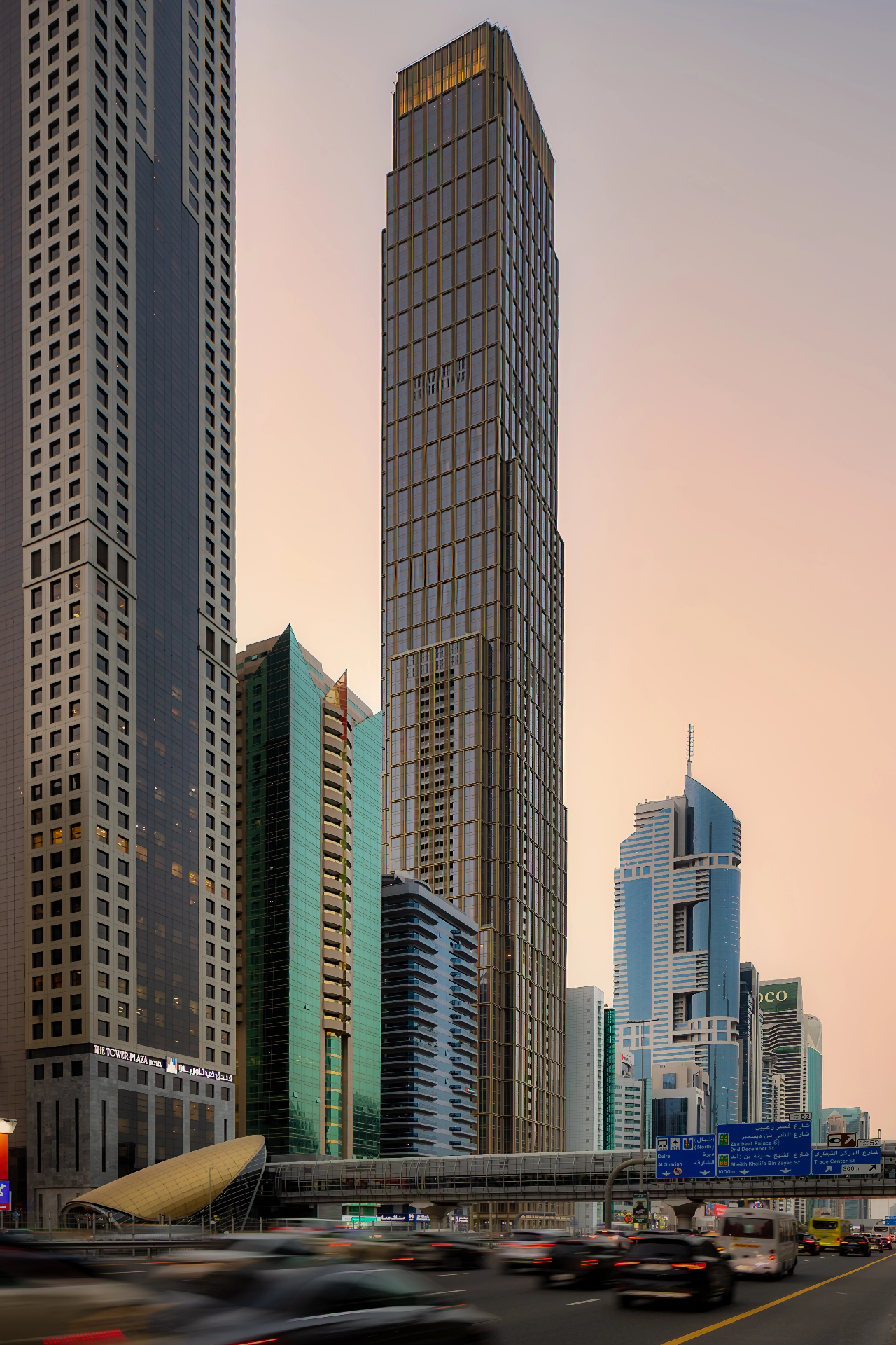 Sheikh Zayed tower elevation photographed in low evening sun